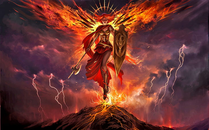Gioco, Magia: The Gathering, Angel, Angel Warrior, Fantasy, Fire, Flame, Girl, Lightning, Orange Hair, Shield, Weapon, Wings, Woman, Woman Warrior, Sfondo HD
