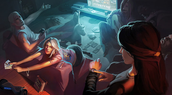 empat pria dan wanita di dalam ilustrasi kamar, video game, Gwent, Cirilla, The Witcher 3: Perburuan Liar, The Witcher, Geralt of Rivia, Cirilla Fiona Elen Riannon, Wallpaper HD