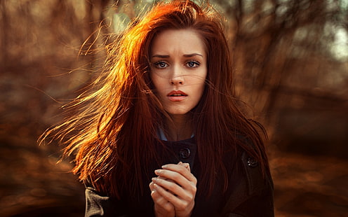 여자의 검은 버튼 업 코트, 빨간 머리, 뷰어, 햇빛, Georgy Chernyadyev, 여자를보고, HD 배경 화면 HD wallpaper