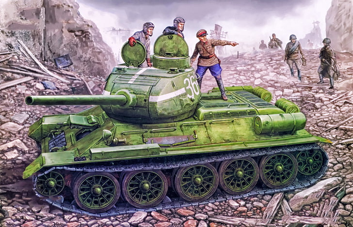 tapeta z zielonym czołgiem bojowym, wojna, sztuka, malarstwo, czołg, II wojna światowa, czołg rosyjski, T-34/85, Tapety HD