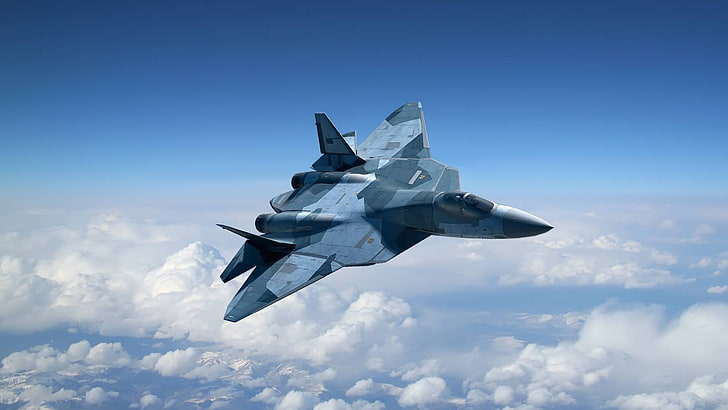 طائرة مقاتلة مموهة باللون الرمادي والأخضر والأسود ، شخصية ، T-50 ، PAK FA ، Sukhoi ، سلاح الجو الروسي ، مقاتلة روسية متعددة الأغراض من الجيل الخامس ، I-21 ، مجمع طيران تكتيكي واعد، خلفية HD