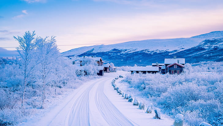 hiver, neige, route, montagne, maison, paysage, chaîne de montagnes, hiver, neige, route, montagne, maison, paysage, Fond d'écran HD