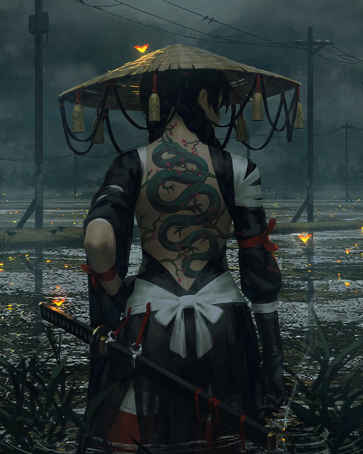 женщина в коричневой шляпе и бело-черном платье обои, воин, фэнтези арт, самурай, меч, HD обои, телефон обои