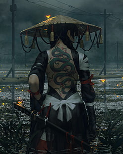 femme portant chapeau brun et papier peint robe blanche et noire, guerrier, art fantastique, samouraï, épée, Fond d'écran HD HD wallpaper