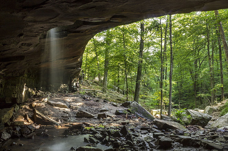 greens, forest, trees, rock, stones, waterfall, arch, Arkansas, Glory Hole Falls, HD wallpaper