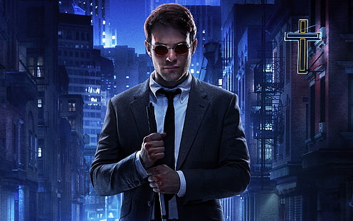 고층 빌딩 디지털 벽지, Daredevil, Marvel Comics, Charlie Cox, Netflix 사이에 양복을 입은 남자, HD 배경 화면 HD wallpaper