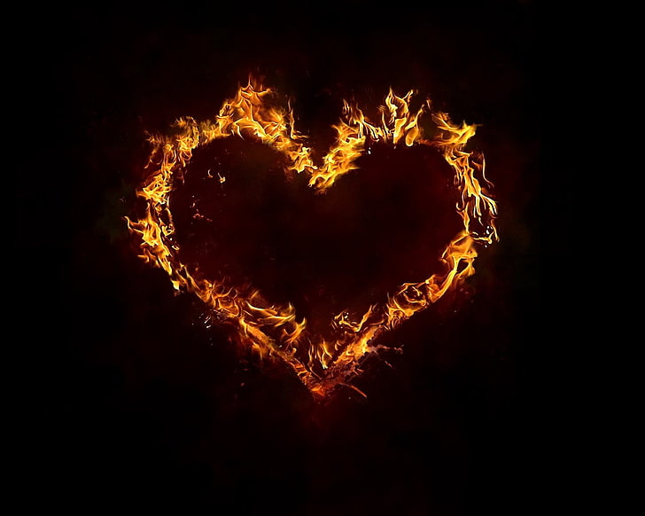 orange flame, fire, smoke, background, heart, HD wallpaper