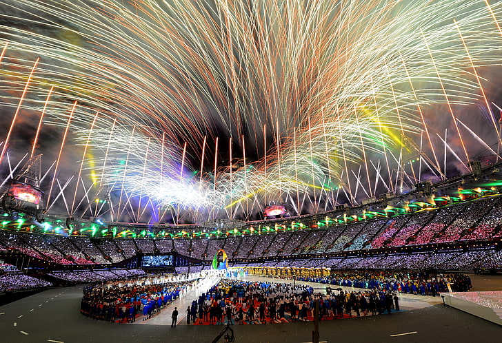 fireworks display, London, salute, Olympics, 2012, stadium, closure, HD wallpaper