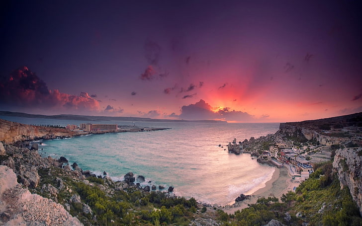 Bay, beach, building, cliff, clouds, landscape, Malta, nature, rock, sea, sunset, Vacations, HD wallpaper