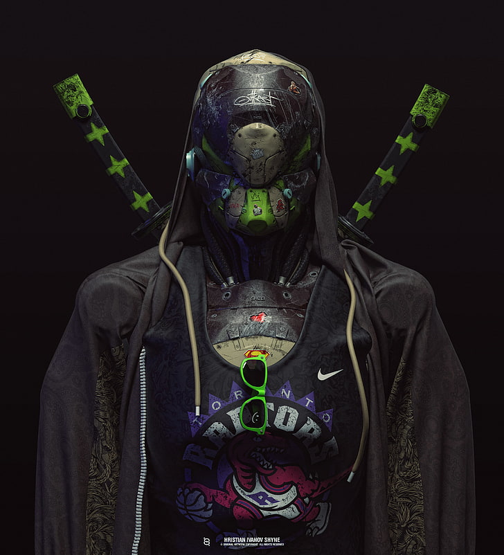 digital art, robot, futuristic, sweatshirts, hoods, black background, katana, Nike, HD wallpaper