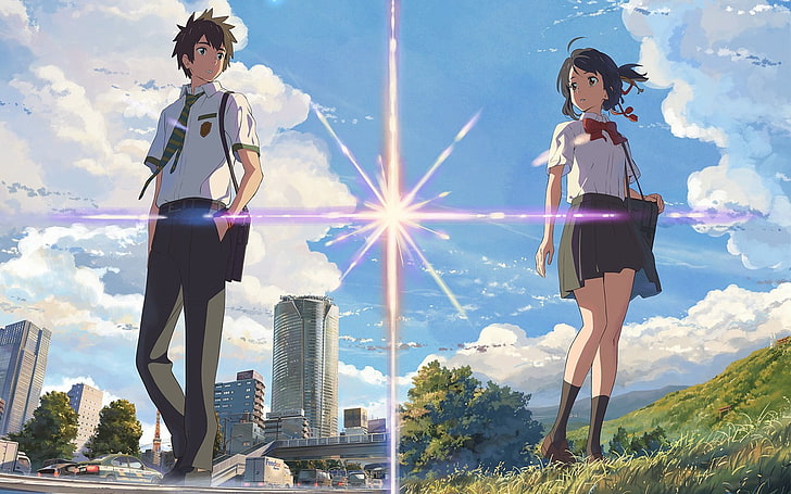 mulher e homem tops brancos, Kimi no Na Wa, Tachibana Taki, Miyamizu Mitsuha, anime, HD papel de parede