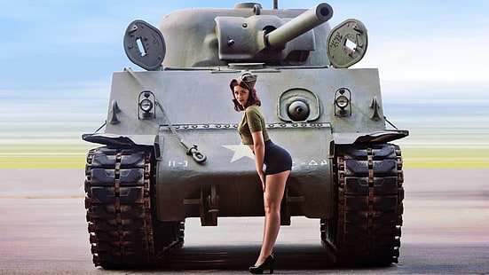 M4 Sherman, Modelos Pinup, mujeres, Segunda Guerra Mundial, Fondo de pantalla HD HD wallpaper