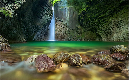 4K, Cachoeira, Terra, Floresta, Caverna, HD papel de parede HD wallpaper