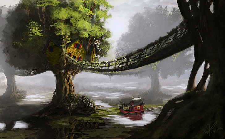 зеленый и коричневый домик на дереве цифровые обои, деревья, пейзаж, мост, река, корабль, дом, арт, хижина, лодка, HD обои