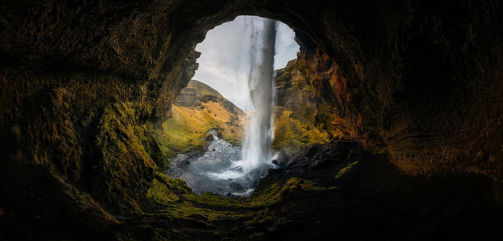 Водопади, водопад, пещера, природа, HD тапет