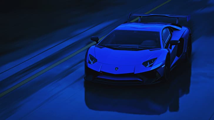 video games, Forza, Forza Horizon 5, car, vehicle, Lamborghini, Lamborghini Aventador, italian cars, road, dark, blue, HD wallpaper