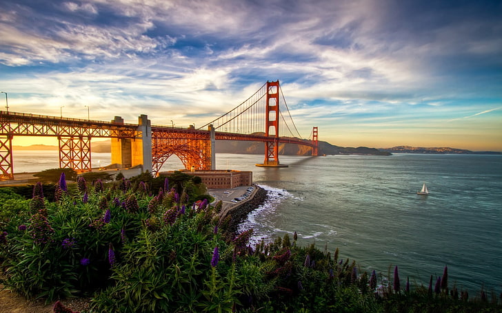 Мост Золотые Ворота, мост Золотые Ворота, закат, Сан-Франциско, Калифорния, США, HD обои