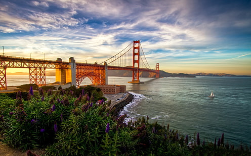 ゴールデンゲートブリッジ、ゴールデンゲートブリッジ、日没、サンフランシスコ、カリフォルニア、アメリカ、 HDデスクトップの壁紙 HD wallpaper
