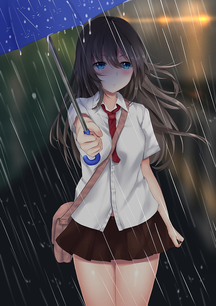 anime, meninas anime, morena, olhando para o espectador, olhos azuis, corar, gravata, uniforme, chuva, guarda-chuva, HD papel de parede, papel de parede de celular
