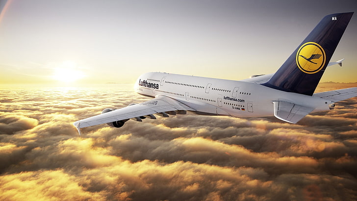 Airbus A380 Lufthansa-Military HD обои, бело-синий самолет Lufthansa, HD обои