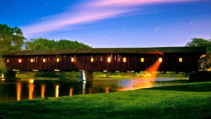 Covered Bridge Under A Star Shower, lights, river, stars, bridhe, nature and landscapes, HD wallpaper