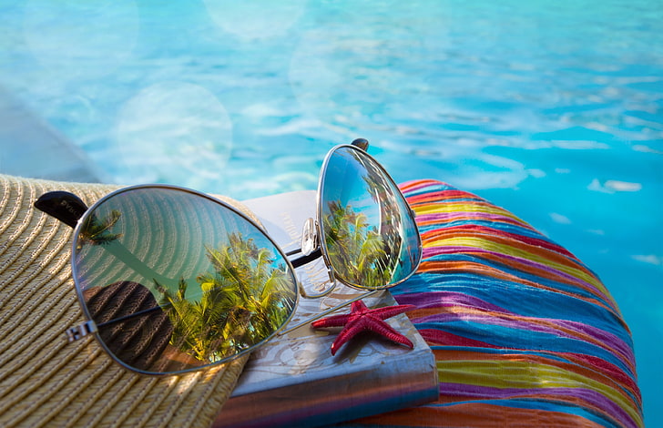 kacamata hitam berbingkai Aviator bergaya perak, pasir, laut, pantai, musim panas, tinggal, kacamata, matahari, liburan, aksesori, Wallpaper HD