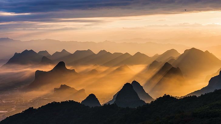 太陽の光、日光、yuziの楽園、桂林、アジア、中国、広西、国立公園、山の風景、山、 HDデスクトップの壁紙