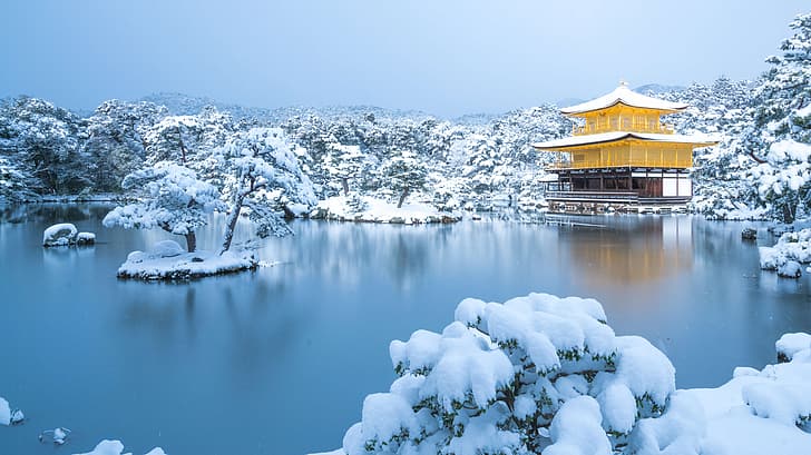 Япония, Киото, Кинкаку-джи, зима, природа, езеро, сняг, HD тапет