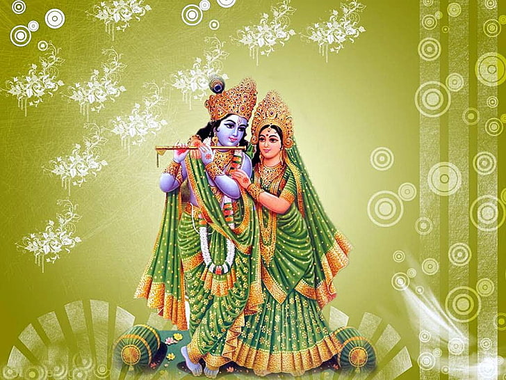 Gopal Krishna, Lord Radha and Krishna poster, God, Lord Krishna, green, love, flute, radha, HD wallpaper