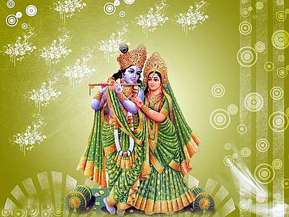 Gopal Krishna, Seigneur Radha et Krishna affiche, Dieu, Seigneur Krishna, vert, amour, flûte, radha, Fond d'écran HD HD wallpaper