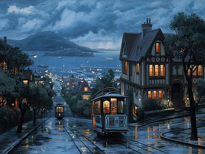 Тролей трамвай пейзаж мокър Сан Франциско HD, цифрово / произведения на изкуството, пейзаж, мокро, Сан, Франциско, количка, трамвай, HD тапет HD wallpaper