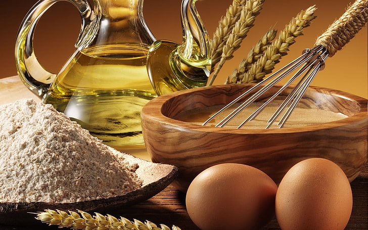 brown eggs; gray wire whisk; cooking oil, butter, eggs, saucer, cereals, HD wallpaper