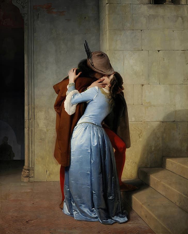 artwork, painting, dress, classic art, Francesco Hayez, kissing, love, romance, medieval, HD wallpaper