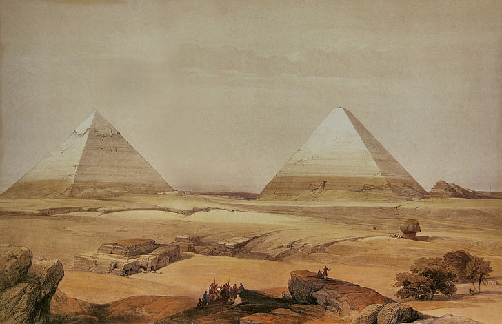 Pintura enmarcada de madera marrón de la casa, David Roberts, Egipto, pintura, pirámide, Fondo de pantalla HD