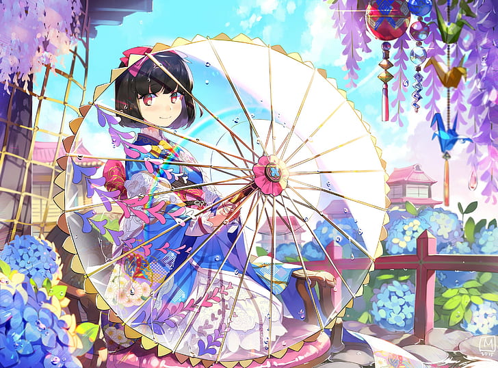 Anime-tjejer, blommor, paraply, traditionella kläder, kort hår, kimono, japanska kläder, anime-tjejer, blommor, paraply, traditionella kläder, kort hår, kimono, japanska kläder, 3000x2216, HD tapet