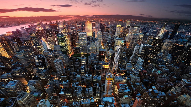 град, Манхатън, център, Ню Йорк, нощ, въздушна фотография, Ню Йорк, небе, небостъргач, силует, метрополия, САЩ, градски пейзаж, Ню Йорк, улици, светлини, сгради, САЩ, HD тапет