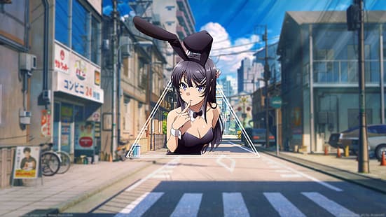  anime, anime girls, anime girls eating, anime landscape, mai sakurajima, Sakurajima Mai, bunny girl, HD wallpaper HD wallpaper