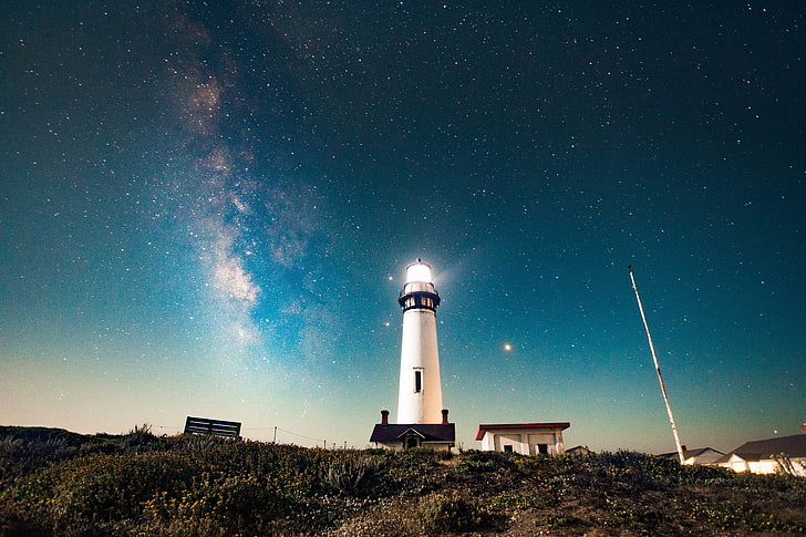 white lighthouse, space, stars, nature, HD wallpaper