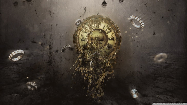 ilustrasi digital jam bulat emas, jam, surealis, Wallpaper HD