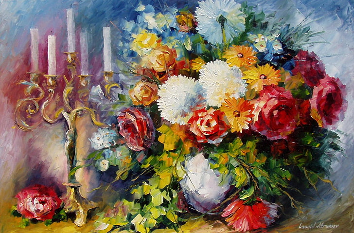 assorted-color flowers in gray vase painting, flowers, bouquet, candles, art, vase, candle holder, Leonid Afremov, HD wallpaper