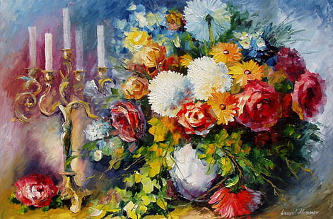 assorted-color flowers in gray vase painting, flowers, bouquet, candles, art, vase, candle holder, Leonid Afremov, HD wallpaper HD wallpaper