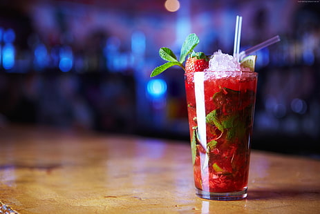 mint, strawberry, mojitos, ice, cocktails, HD wallpaper HD wallpaper