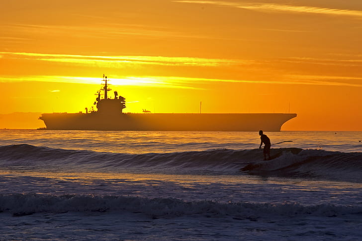 silhouette of person board surfing on body of water with ship during sunset, Waves, person, board, surfing, body of water, ship, USS. Ronald Reagan, Aircraft Carrier, Warship, Navy, Homeland Security, Nautical, California, Coast, Sunset, Dusk, Silhouette, Background, Pacific  Ocean, Military, Nikon  D100, Nikon D100, sea, beach, HD wallpaper