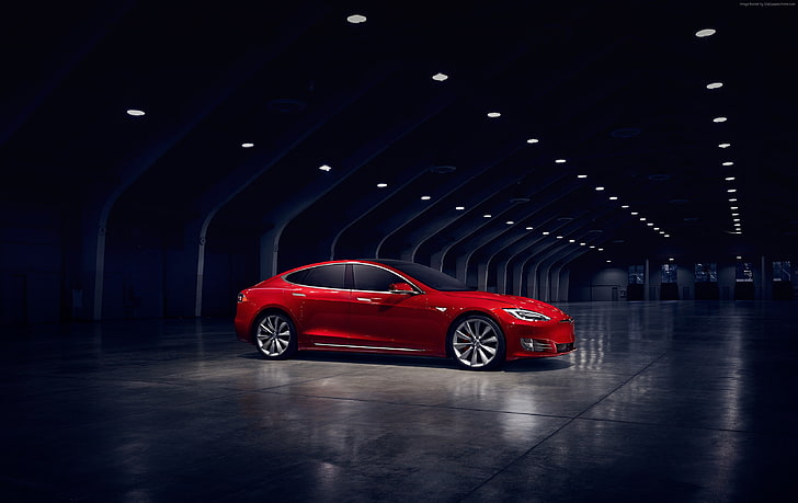 vermelho, Tesla Model S P90D, carros elétricos, Elon Musk, HD papel de parede