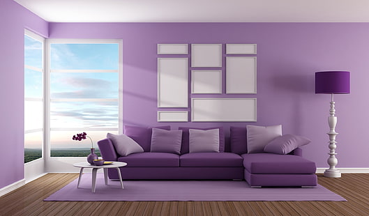 фиолетовый, интерьер, дизайн интерьера, 3d дизайн, цифровая, HD обои HD wallpaper