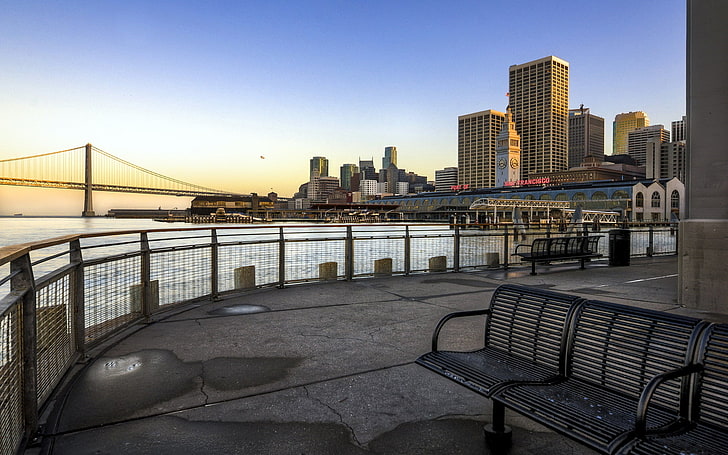San Francisco City, black steel gang chair, Cityscapes, San Francisco, river, city, bridge, HD wallpaper