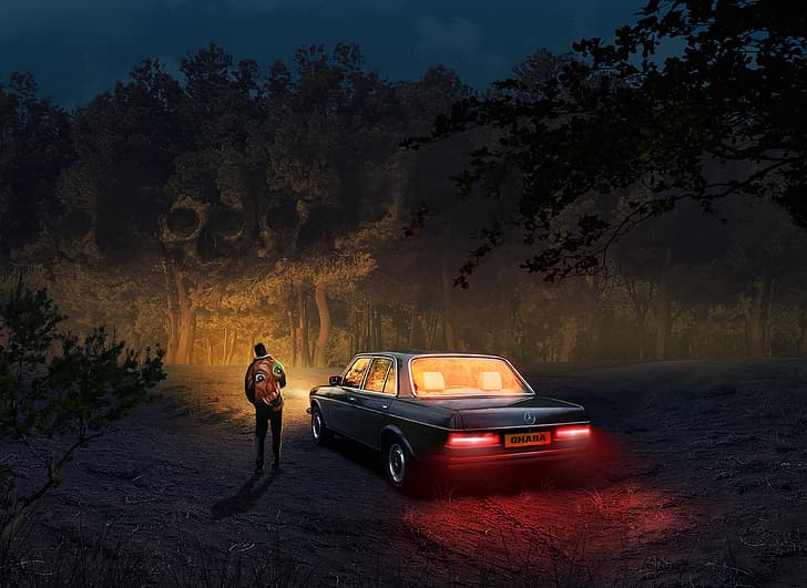 madera, sueño (personaje), coche, noche, bosque, Fondo de pantalla HD