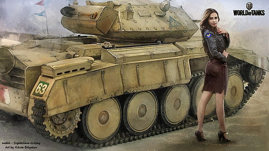갈색 군용 탱크, 소녀, 탱크, 탱크, WoT, 월드 오브 탱크, Wargaming.Net, BigWorld, 하프, Nikita Bolyakov, HD 배경 화면 HD wallpaper