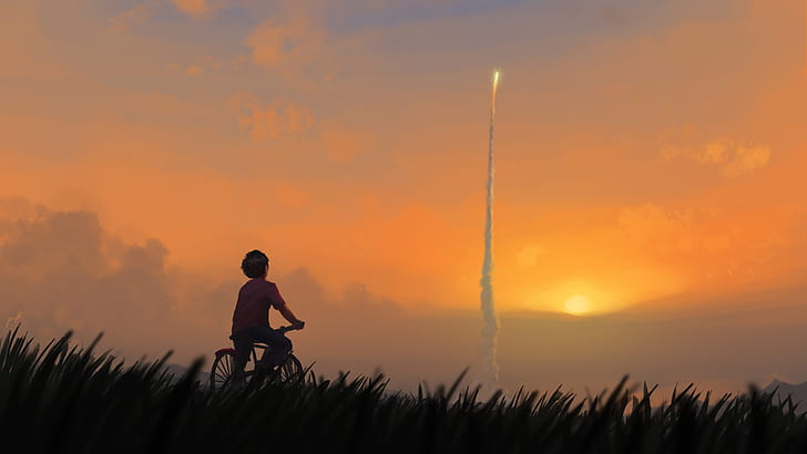 Sunset, The sun, Boy, Rocket, Bike, Art, Start, Illustration, Launch, Kenneth Sofia, He'll get there someday, by Kenneth Sofia, HD wallpaper