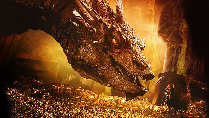 Драгин в Хобит: Опустошението на Смауг, злато, драконът, Смауг, Хобитът: Опустошението на Смауг, HD тапет